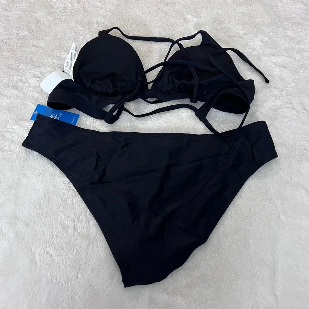 Cupshe Black Strappy Back Triangle Bikini Set CAA12C3A005AA‎ Womens Large NEW
